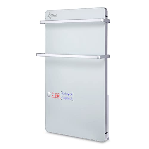 SUNTEC Glas Panel Heizung | Elektrische Badheizung für Räume bis 25 m2 | 2 Handtuchhalter | Wandmontage | LCD-Display | 2 Heizstufen (900/1800 Watt) | Heat Supreme 2000 Glass