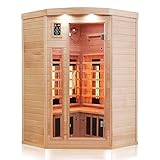 Dewello Infrarotkabine Infrarotsauna LAKEFIELD 120cm x 120cm für 1-2 Personen aus Hemlock Holz mit Vollspektrumstrahler, LED-Farblicht, Bluetooth, FM,MP3,USB